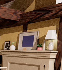 Détail de la décoration sur la cheminée : cadres, lampes, fleurs