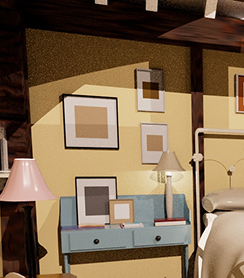 Détail du mur du fond : cadre, lampes et petit bureau