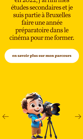 Fond jaune avec un texte et un petit bonhomme sui tient une caméra