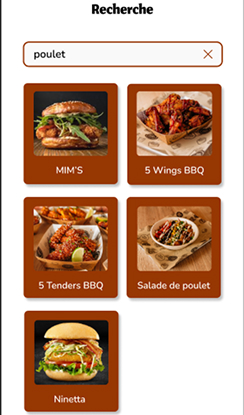 Page de recherches d'une application de burger