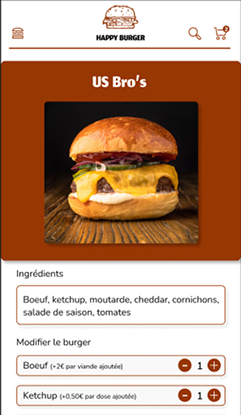 Page d'un burger avec les suppléments