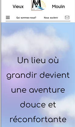 Début de la page d'accueil du site avec un fond bleu et violet