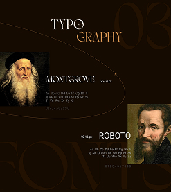 Fond noir avec des photos de peintre et deux polices : Montgrove et Roboto