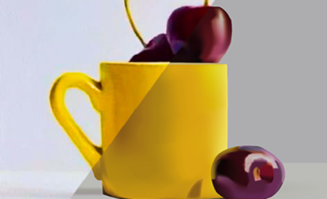 Nature morte d'une tasse jaune avec des cerises rouges en 2d