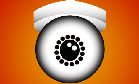 Caméra dessinée en 2d sur fond orange et rouge